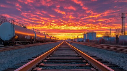 Fototapeta premium Vibrant sunrise over railroad tracks with tanker cars, industrial landscape in background.