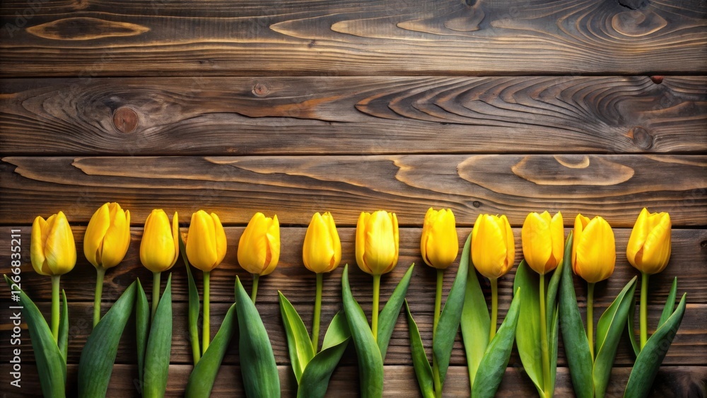 Poster vibrant yellow tulips arranged in a row on a rustic wooden surface