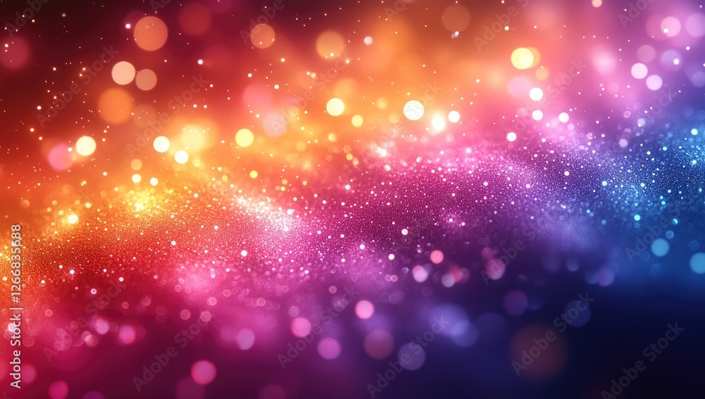 Poster abstract background with vibrant multicolored bokeh and glitter particles, creating a dynamic and fe