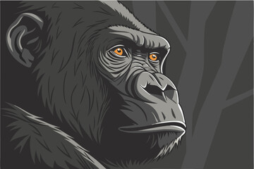  A close-up photograph of a gorilla's face, with intense, piercing orange eyes and a deep, thoughtful expression. The gorilla's fur is dark and textured, with a prominent brow ridge and deep wrinkl