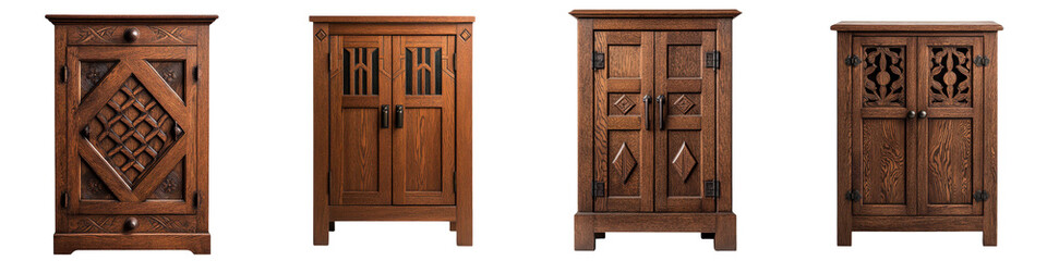 Ornate wooden cabinets with intricate carved designs showcasing the craftsmanship and traditional style of classic home interior The cabinets feature various patterns textures