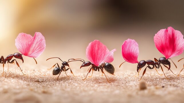 20.A detailed macro shot of black ants carrying vibrant pink flower petals across a sandy path, their teamwork creating a fascinating display against the earthy background.