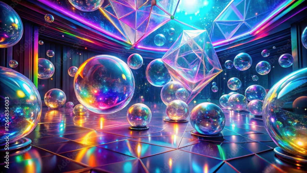Aufkleber A mesmerizing display of iridescent spheres and geometric structures within a vibrant, otherworldly chamber.
