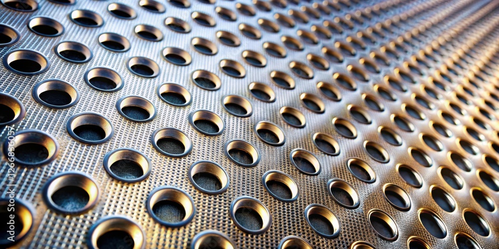 Poster abstract metallic surface with regularly spaced circular apertures displaying a textured pattern and