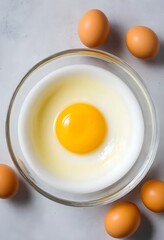 egg yolk in a glass bowl, A clear glass bowl with several bright yellow egg yolks floating in egg whites