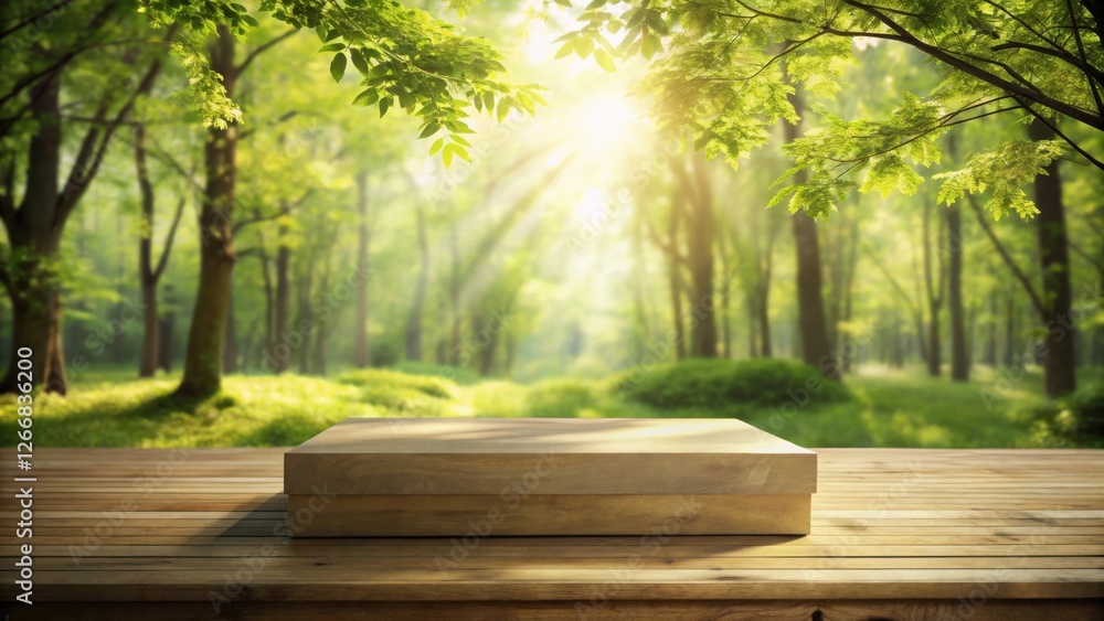 Poster Serene forest backdrop with a wooden display platform, perfect for showcasing products or creating peaceful mood boards.