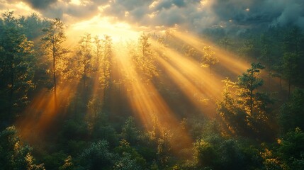 Obraz premium Serene forest landscape with sunlight streaming through trees, creating a tranquil atmosphere