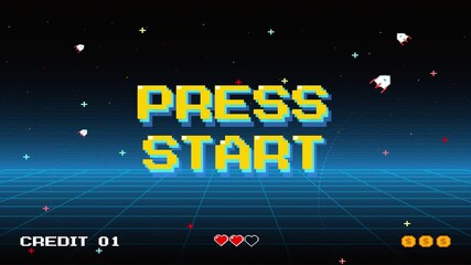 PRESS START INSERT A COIN TO CONTINUE .pixel art .8 bit game. retro game. for game assets .Retro Futurism Sci-Fi Background. glowing neon grid. and stars from vintage arcade computer games