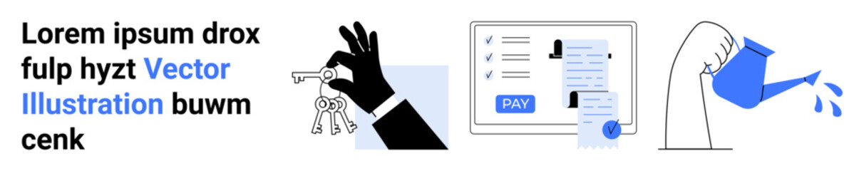 Hand holding keys, digital invoice with pay button, pouring watering can representing property, digital payments, and nurturing growth. Ideal for finance, real estate, investments, business