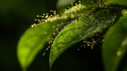 16.A dynamic macro shot of weaver ants building their nest on overlapping green leaves, their synchronized movements creating a harmonious display of teamwork in nature.