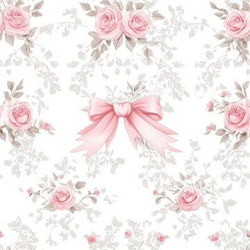 Fototapeta watecolor vintage White background with small pink roses and a lace pattern, a baby girl nursery decor style, white vintage wallpaper