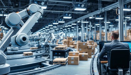 Automated warehouse robot. Advanced robotic arm system operates on conveyor belt moving packages in modern distribution center while operator monitors screens.