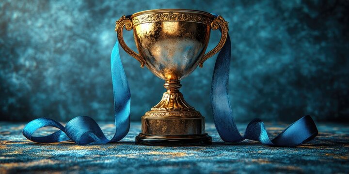 Vintage gold trophy with blue ribbon on a dark teal background, highlighting the trophy as the central subject, emphasizing the victory and achievement theme