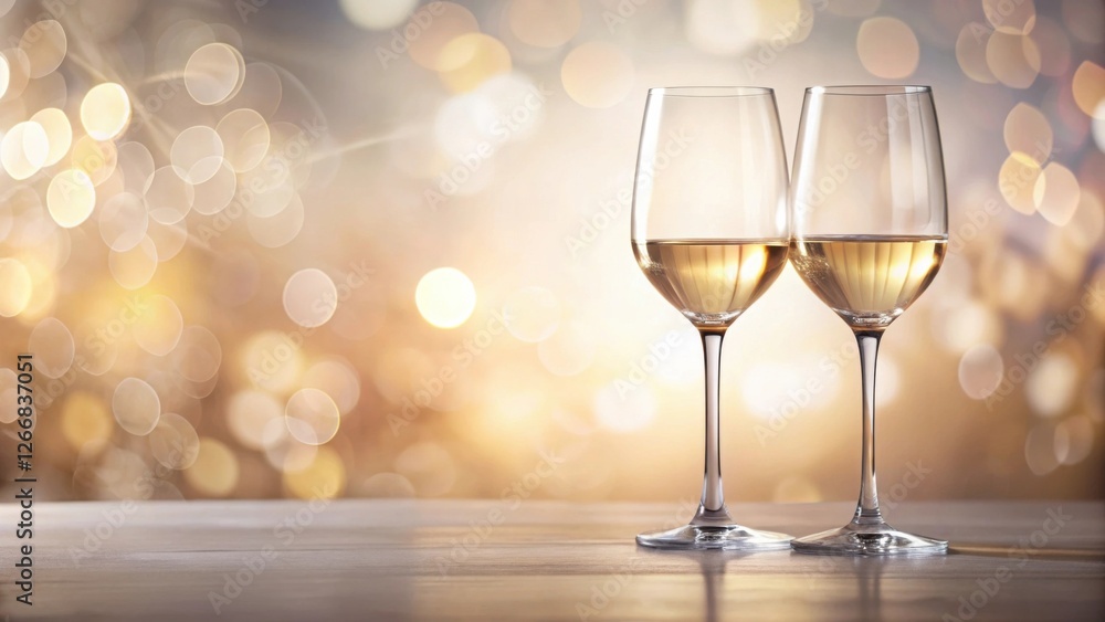 Poster two elegant wine glasses filled with sparkling white wine on a wooden table against a festive bokeh 