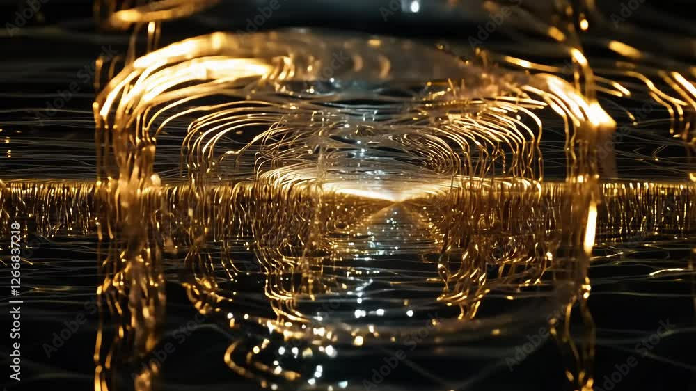 Poster fly-through backlit glowing fiber optic strands creating an ethereal network of illuminated tips wit