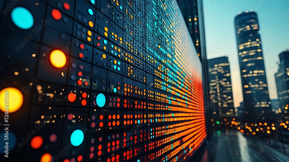 Poster cityscape data wall illuminated digital display on building facade at dusk