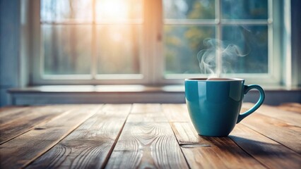 A steaming cup of warm beverage sits on a rustic wooden table, bathed in the soft glow of morning sunlight streaming through a nearby window.