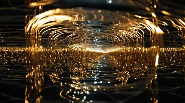 Fly-through backlit glowing fiber optic strands creating an ethereal network of illuminated tips with gold and bronze against a dark, flowing liquid