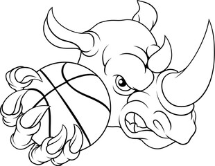 A Rhino Rhinoceros mean tough cartoon sports animal mascot holding a basketball ball