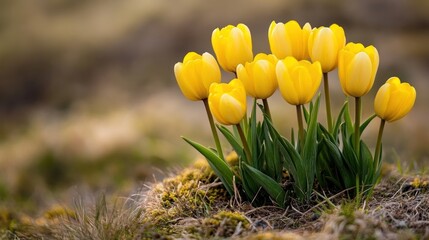 A Cluster of Yellow Tulips in a Meadow