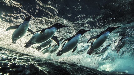 Obraz premium 94.A lively and action-packed image of a group of Adelie penguins leaping into the crystal-clear waters, their sleek bodies cutting through the air, set against the stark, icy terrain of Paulet