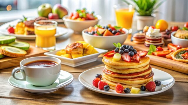 A delightful breakfast spread featuring a stack of fluffy pancakes adorned with fresh berries and a cup of warm tea alongside a variety of fruit salads and pastries.