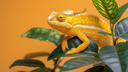 Chameleon: Close-up of Chameleon, Lizard, sitting on brach, isolated  on a solid color background, minimal, background.