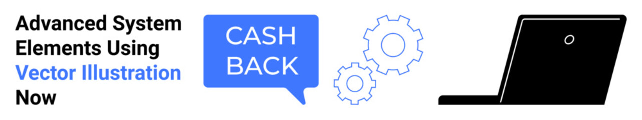 Fototapeta premium Laptop with gear icons and cashback text bubble emphasizing financial rewards and system automation. Ideal for technology, e-commerce, business solutions, financial tools, innovation, system