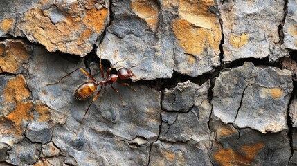41.A macro perspective of an acrobat ant carefully balancing itself on the jagged surface of tree bark, the fine details of its segmented body and legs clearly visible against the rough natural