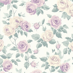 A seamless pattern filled with delicate, small floral motifs spread evenly across the design, featuring soft pastel colors such as blush pink, mint green, and lavender.