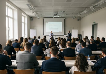 Photograph of a conference room with a projector screen, a speaker in business attire, and a diverse audience facing the screen, with bright natural lighting and a modern design.


