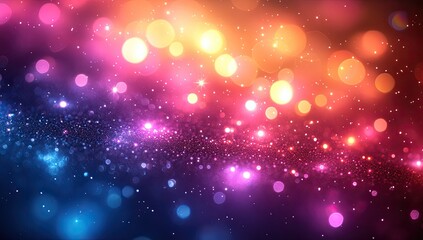 Abstract bokeh background with vibrant colors, bright lights, and sparkling effects.  Multicolored lights, blurry circles of light on dark background, glowing particles,  sparkles,  bokeh lights