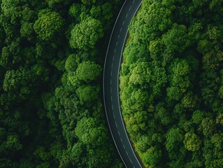 Curved Road Surrounded by Lush Green Forest Aerial View Nature Landscape Tranquil Environment
