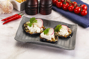 Grilled eggplant with cheese and radish