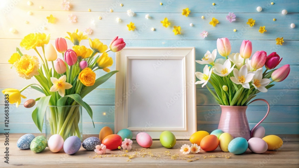 Poster springtime celebration with easter eggs and vibrant flower arrangements featuring a blank frame for 