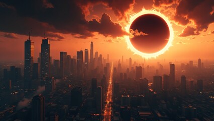 Fototapeta premium Dramatic eclipse casting a shadow over a futuristic metropolis. The urban skyline, bathed in the soft glow of the eclipsed sun