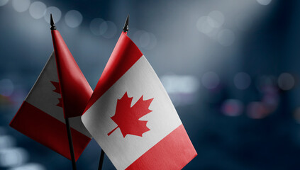 Small flags of the Canada on an abstract blurry background