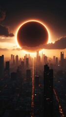 Fototapeta premium Dramatic eclipse casting a shadow over a futuristic metropolis. The urban skyline, bathed in the soft glow of the eclipsed sun