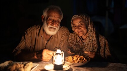 Muslim senior couple having iftar dinner during ramadan under oil lamp light