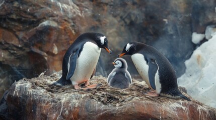Naklejka premium 73.Two Penguins and Their Baby, Penguin Family in the Antarctic