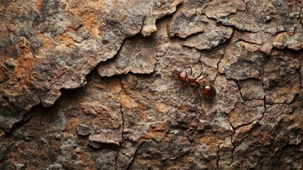 39.A close-up shot of an acrobat ant delicately moving across the textured surface of tree bark, its thin legs and curved body highlighted in the natural light, creating a vivid contrast with the