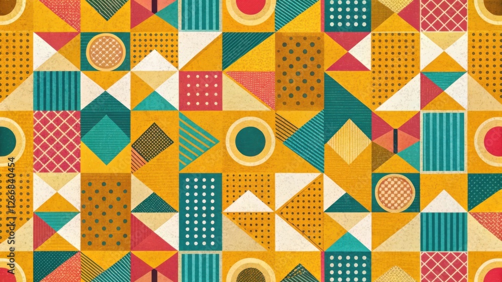 Poster Vibrant Geometric Textile Design Featuring A Multitude Of Shapes And Colors In A Seamless Pattern Ideal For Fashion, Interior Design, And Surface Decoration