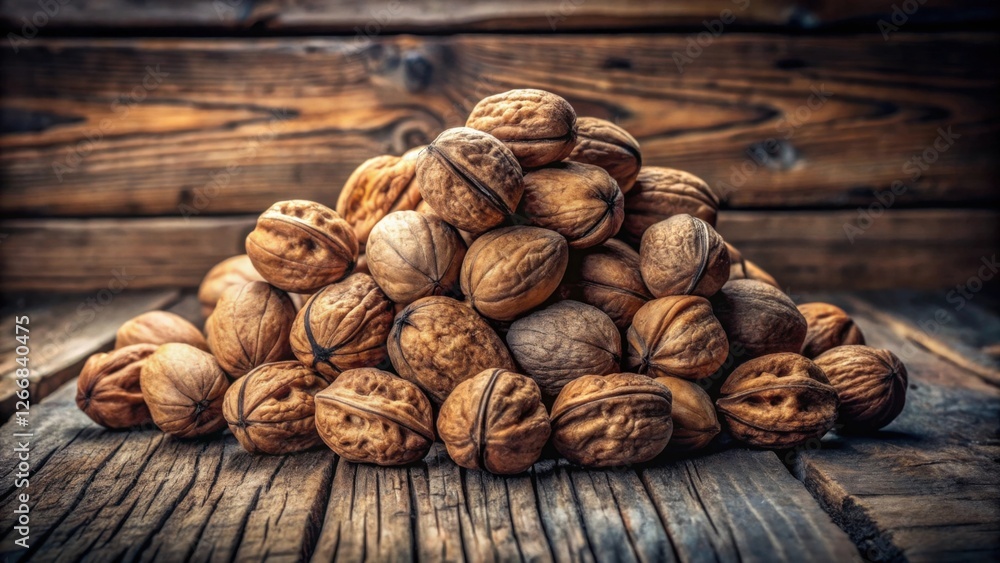 Poster a bountiful pile of shelled walnuts resting on a rustic wooden surface