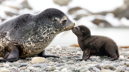Naklejka premium 69.A tender moment captured between an Antarctic fur seal and her baby, with the seal mother affectionately kissing her pup on a rocky beach, surrounded by snow-covered landscapes and the cool