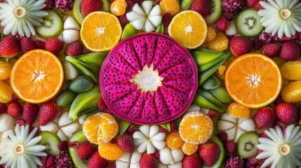 Vibrant fruit mandala, healthy food, flatlay, colorful background, recipe inspiration