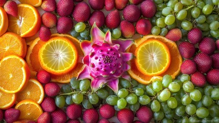 Colorful fruit arrangement oranges, strawberries, grapes, dragon fruit.  Background light surface. Use food blog, recipe