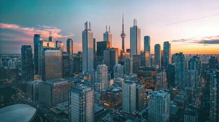 Fototapeta premium Toronto Cityscape Skyline at Sunset: Vibrant Twilight and Beautiful Skies over Iconic Urban Landscape