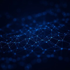 Obraz premium Digital artwork with a dark blue background, featuring a web-like pattern of interconnected light blue lines and glowing nodes, creating a 3D effect with a futuristic, scientific theme.