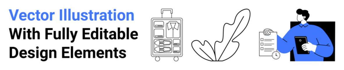 Travel suitcase with contents, abstract leaf, and man holding a file folder. Ideal for travel, organization, document tracking, tutorials, presentations branding teamwork. Clean flat landing page