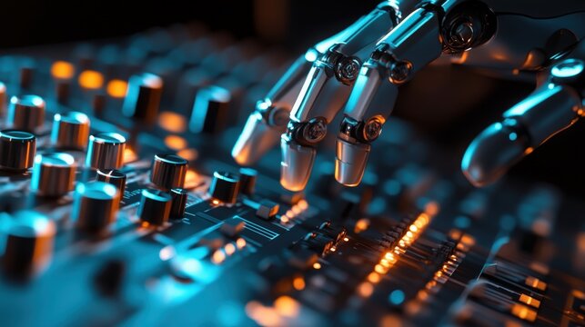 A robotic hand adjusting knobs on a professional audio mixing console, showcasing  automation in music production. Perfect for technology, innovation, music production, and sound engineering concepts
